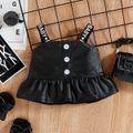 2pcs Baby Girl 100% Cotton Ripped Denim Skirt and Faux Leather Sleeveless Peplum Top Set Black
