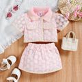 2pcs Baby Girl Pink Floral Embroidered Mesh Puff-sleeve Tweed Top and Skirt Set Pink