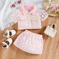 2pcs Baby Girl Pink Floral Embroidered Mesh Puff-sleeve Tweed Top and Skirt Set Pink