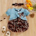 3pcs Baby Girl 100% Cotton Denim Puff-sleeve Ruffle Cardigan and Spaghetti Strap Splicing Leopard Dress with Headband Set Blue