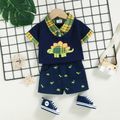 2pcs Baby Boy 100% Cotton Dinosaur Embroidered Denim Shorts and Plaid Faux-two Short-sleeve Top Set Tibetanblue image 1