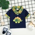 2pcs Baby Boy 100% Cotton Dinosaur Embroidered Denim Shorts and Plaid Faux-two Short-sleeve Top Set Tibetanblue image 3