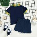 2pcs Baby Boy 100% Cotton Dinosaur Embroidered Denim Shorts and Plaid Faux-two Short-sleeve Top Set Tibetanblue image 2