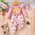 2pcs Baby Girl Faux-two Long-sleeve Allover Cartoon Bear Print Pink Bow Front Ruffle Trim Jumpsuit with Headband Set Pink image 1
