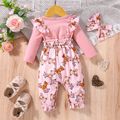 2pcs Baby Girl Faux-two Long-sleeve Allover Cartoon Bear Print Pink Bow Front Ruffle Trim Jumpsuit with Headband Set Pink