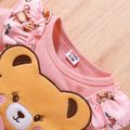 2pcs Baby Girl Faux-two Long-sleeve Allover Cartoon Bear Print Pink Bow Front Ruffle Trim Jumpsuit with Headband Set Pink image 3