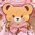 2pcs Baby Girl Faux-two Long-sleeve Allover Cartoon Bear Print Pink Bow Front Ruffle Trim Jumpsuit with Headband Set Pink image 5