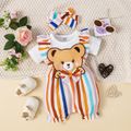 2pcs Baby Girl 95% Cotton Rib Knit Short-sleeve Cartoon Bear Design Striped Ruffle Trim Jumpsuit with Headband Set White image 1