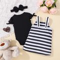 3pcs Baby Girl 95% Cotton Puff-sleeve Romper and Glasses Bear Print Striped Overall Dress with Headband Set Black