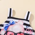 3pcs Baby Girl 95% Cotton Puff-sleeve Romper and Glasses Bear Print Striped Overall Dress with Headband Set Black