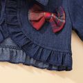 3pcs Baby Girl 100% Cotton Plaid Tank Dresses and Bow Front Ruffle Trim Long-sleeve Denim Cardigan with Headband Set Red image 4