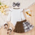 3pcs Baby Girl 100% Cotton Plaid Spliced Ruffle Skirt and Letter Print Rib Knit Long-sleeve Romper with Headband Set White