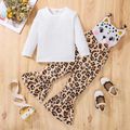 2pcs Toddler Girl Ribbed Long-sleeve White Tee and Leopard Print Patch Flared Overalls Set Brown