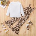 2pcs Toddler Girl Ribbed Long-sleeve White Tee and Leopard Print Patch Flared Overalls Set Brown image 3