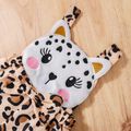 2pcs Toddler Girl Ribbed Long-sleeve White Tee and Leopard Print Patch Flared Overalls Set Brown