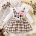3pcs Baby Girl 95% Cotton Rib Knit Long-sleeve Romper and Cartoon Embroidered Plaid Overall Dress with Headband Set Brown image 2