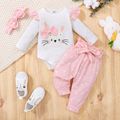 3pcs Baby Girl 95% Cotton Long-sleeve Rabbit Embroidered Rib Knit Romper and Polka Dots Paperbag Waist Pants with Headband Set White image 1