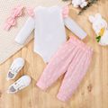 3pcs Baby Girl 95% Cotton Long-sleeve Rabbit Embroidered Rib Knit Romper and Polka Dots Paperbag Waist Pants with Headband Set White