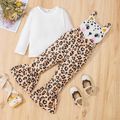 2pcs Toddler Girl Ribbed Long-sleeve White Tee and Leopard Print Patch Flared Overalls Set Brown image 2