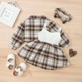 3pcs Baby Girl 100% Cotton Plaid Long-sleeve Cardigan and Letter Print Rib Knit Spliced Cami Dress with Headband Set Brown