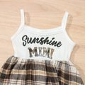 3pcs Baby Girl 100% Cotton Plaid Long-sleeve Cardigan and Letter Print Rib Knit Spliced Cami Dress with Headband Set Brown image 5