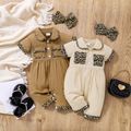 100% Cotton 2pcs Baby Girl Leopard Splicing Peter Pan Collar Short-sleeve Jumpsuit with Headband Set Khaki image 1