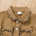 100% Cotton 2pcs Baby Girl Leopard Splicing Peter Pan Collar Short-sleeve Jumpsuit with Headband Set Khaki image 5