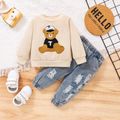 2pcs Baby Boy/Girl 100% Cotton Ripped Jeans and Bear Embroidered Long-sleeve Pullover Sweatshirt Set Apricot