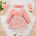 100% Cotton 2pcs Baby Girl Bow Front V Neck Long-sleeve Spliced Floral Organza Party Dress with Headband Set Pink image 2