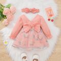 100% Cotton 2pcs Baby Girl Bow Front V Neck Long-sleeve Spliced Floral Organza Party Dress with Headband Set Pink image 1