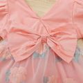 100% Cotton 2pcs Baby Girl Bow Front V Neck Long-sleeve Spliced Floral Organza Party Dress with Headband Set Pink image 5