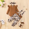 3pcs Baby Girl 95% Cotton Rib Knit Ruffle Long-sleeve Romper and Bow Front Leopard Print Suspender Pants with Headband Set Brown image 2