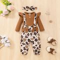 3pcs Baby Girl 95% Cotton Rib Knit Ruffle Long-sleeve Romper and Bow Front Leopard Print Suspender Pants with Headband Set Brown image 1
