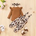 3pcs Baby Girl 95% Cotton Rib Knit Ruffle Long-sleeve Romper and Bow Front Leopard Print Suspender Pants with Headband Set Brown image 3