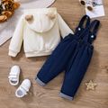 2pcs Baby Boy/Girl 100% Cotton Bear Embroidered Denim Overalls Solid Long-sleeve 3D Ears Hoodie Set Apricot image 3