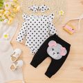 3pcs Baby Girl 95% Cotton Bear Graphic Bow Decor Pants and Polka Dot Print Ruffle Long-sleeve Romper with Headband Set Black/White