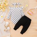 3pcs Baby Girl 95% Cotton Bear Graphic Bow Decor Pants and Polka Dot Print Ruffle Long-sleeve Romper with Headband Set Black/White