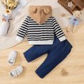 2pcs Baby Boy 100% Cotton Ripped Jeans and Bear Embroidered Striped Long-sleeve Fuzzy Hoodie Set Black/White image 2