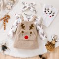 Christmas 3pcs Baby Girl Allover Print Ruffle Long-sleeve Spliced Deer Embroidered Sherpa Fleece Dress and Headband with Calf Sleeves Set Beige image 1