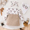 Christmas 3pcs Baby Girl Allover Print Ruffle Long-sleeve Spliced Deer Embroidered Sherpa Fleece Dress and Headband with Calf Sleeves Set Beige image 2