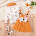 3pcs Toddler Girl Playful Fox PaaternTee and Fleece Overall Dress & Headband Set Orange image 2