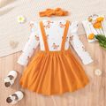 3pcs Toddler Girl Playful Fox PaaternTee and Fleece Overall Dress & Headband Set Orange image 3