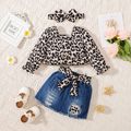 3pcs Baby Girl 100% Cotton Belted Ripped Denim Skirt and Leopard Square Neck Long-sleeve Top with Headband Set Multi-color image 1