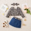 3pcs Baby Girl 100% Cotton Belted Ripped Denim Skirt and Leopard Square Neck Long-sleeve Top with Headband Set Multi-color image 2