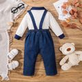 2pcs Baby Boy 100% Cotton Denim Bear Graphic Overalls and Bow Tie Decor Long-sleeve Romper Set Blue image 2