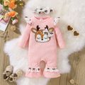2pcs Baby Girl 100% Cotton Pink Ribbed Spliced Ruffle Trim Deer Embroidered Long-sleeve Jumpsuit with Headband Set Pink image 1