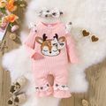 2pcs Baby Girl 100% Cotton Pink Ribbed Spliced Ruffle Trim Deer Embroidered Long-sleeve Jumpsuit with Headband Set Pink image 3
