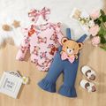 3pcs Baby Girl Allover Bear Print Ruffle Long-sleeve Romper and Imitation Denim Overalls with Headband Set Pink image 1
