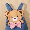 3pcs Baby Girl Allover Bear Print Ruffle Long-sleeve Romper and Imitation Denim Overalls with Headband Set Pink image 4