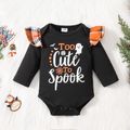Halloween 3pcs Baby Girl 100% Cotton Bow Front Plaid Suspender Shorts and Ruffle Long-sleeve Letter Print Romper with Calf Sleeves Set Black